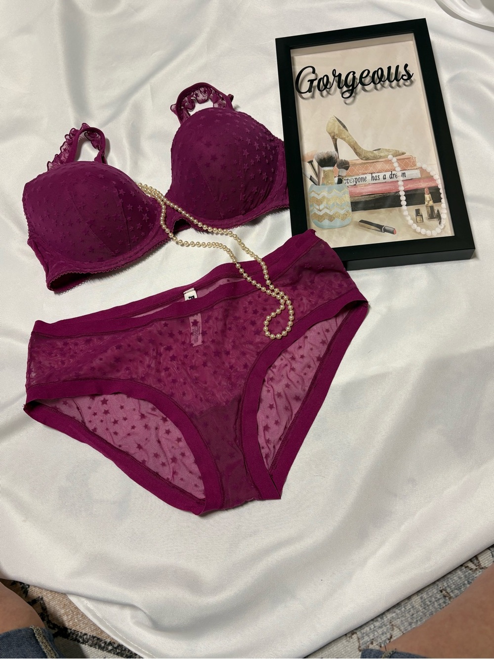 PINK Victoria's Secret Star-Pattern Sheer Bra & Brief Set - Magenta